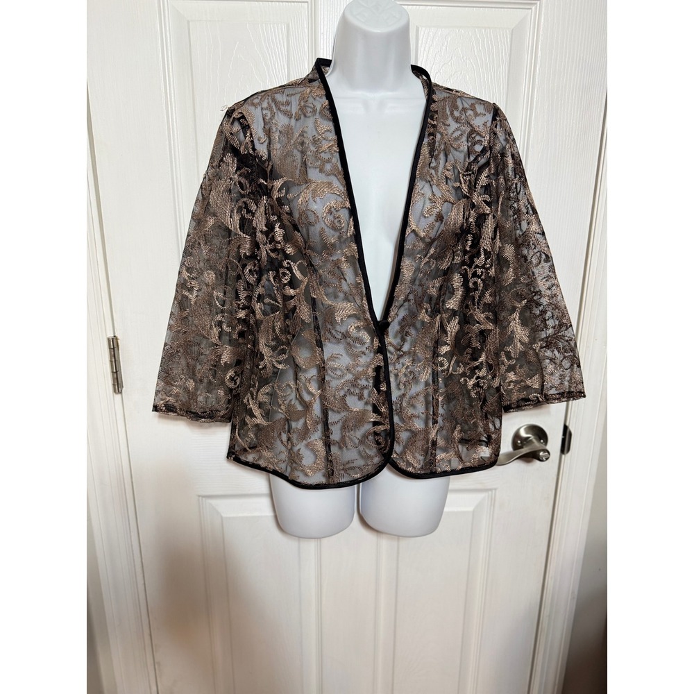 VTG Jeanne Alexander Metallic Gold Floral Mesh Bolero Jacket Sheer Evening  S